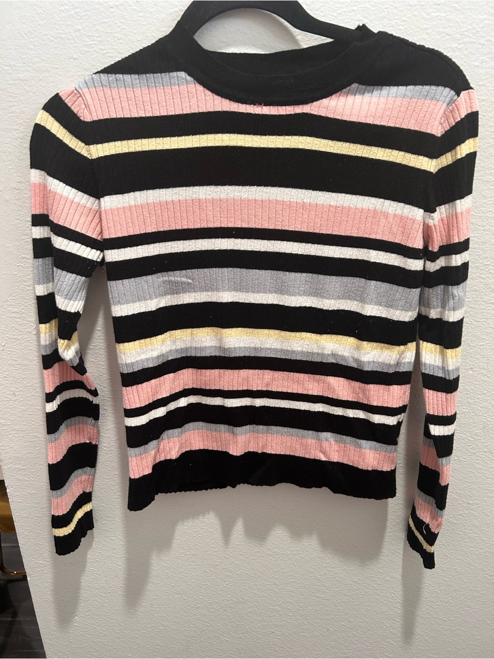 Divided Striped Rib-Knit Long Sleeve Top - Black, Pink, Yellow, Gray, White